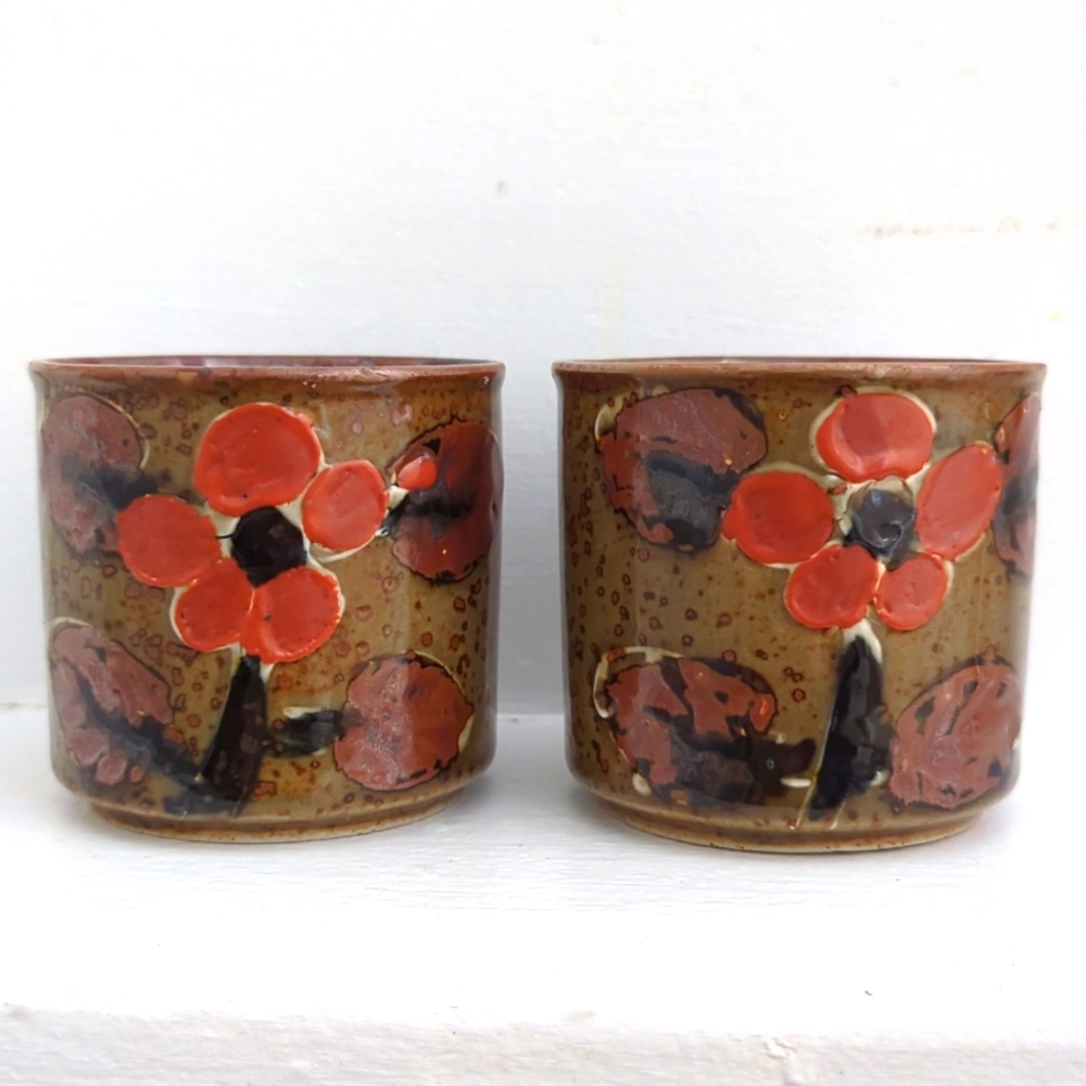 Vintage Handmade Floral Stoneware Cups